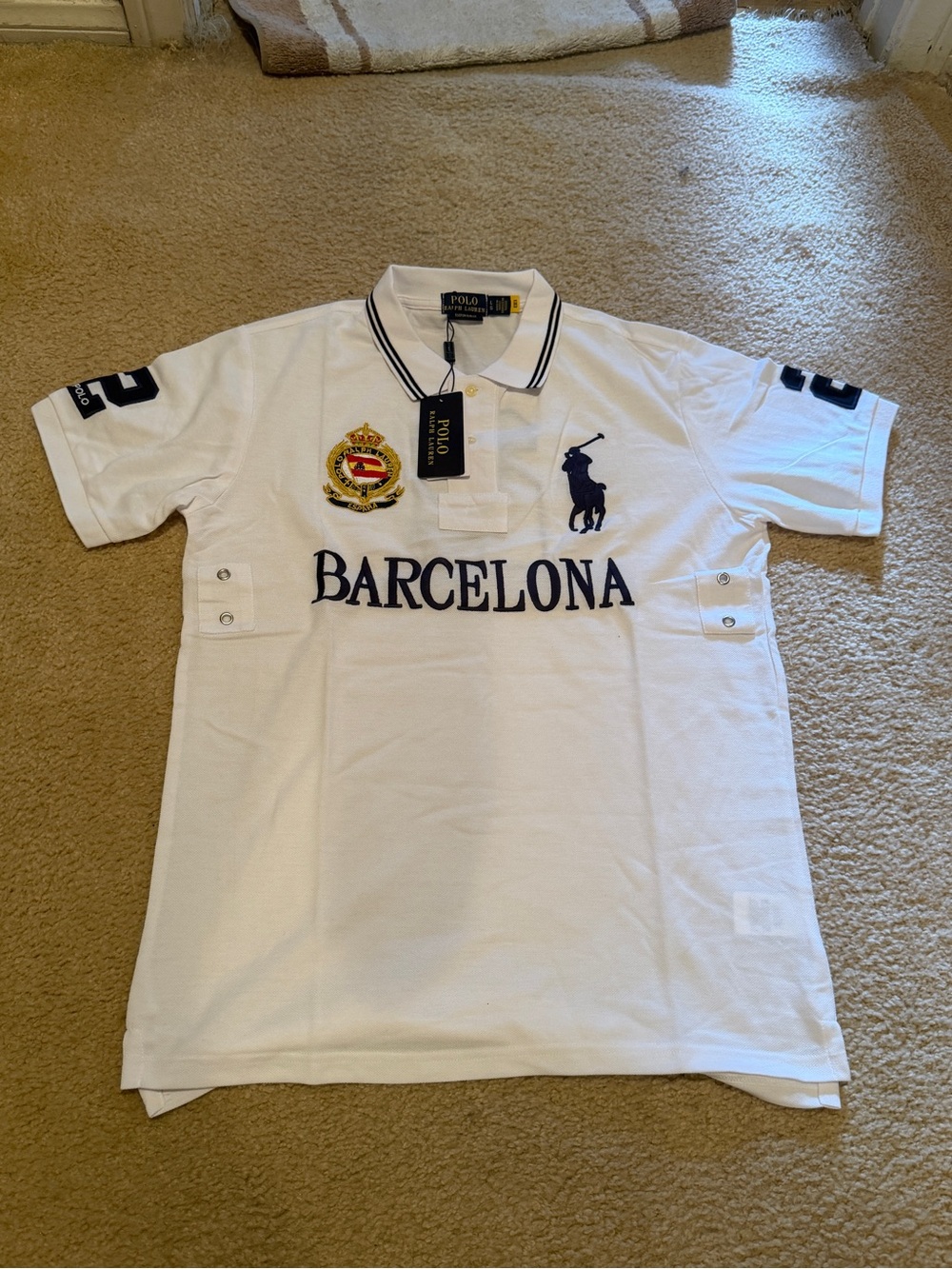 Ralph Lauren White Polo Shirt with Navy Barcelona Embroidery